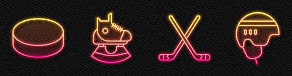 Set Line Ijshockeysticks Hockeypuck Schaatsen Hockeyhelm Een Gloeiend Neon Icoon — Stockvector