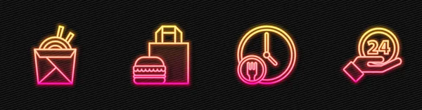 日夜不停地排队 亚洲面条和筷子 网上订购汉堡包和时钟24小时 发光的霓虹灯图标 — 图库矢量图片