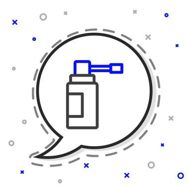 Beyaz arka planda izole edilmiş burun ve boğaz ikonu hastalıklarının tedavisinde kullanılan hortum spreyli çizgi tıbbi şişesi. Renkli taslak konsepti. Vektör İllüstrasyonu.