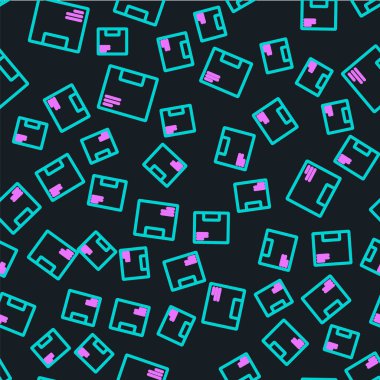 Çizgi karton kutu simgesi siyah arkaplanda izole edilmiş kusursuz desen. Kutu, paket, paket işareti. Teslimat ve ambalaj. Vektör İllüstrasyonu.