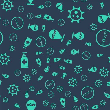 Corona virüsü 2019-nCoV 'u konuma, virüse, bir şişe sıvı antibakteriyel sabuna ve Corona virüsü covid-19' a ayarlayın. Vektör.