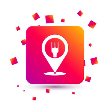 Beyaz Kafe ve restoran konumu simgesi beyaz arka planda izole edildi. Noktanın içinde çatal ve kaşık yeme işareti var. Kare renk düğmesi. Vektör İllüstrasyonu..