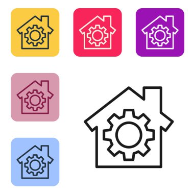 Siyah çizgi ev ya da beyaz arka planda vites simgesi olan ev. Ayarlama, servis, ayar, bakım, onarım, onarım. Renkli kare düğmelerle simgeleri ayarla. Vektör İllüstrasyonu.