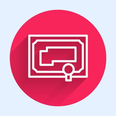 Beyaz çizgi sertifika şablonu uzun gölgeli izole edilmiş. Başarı, ödül, diploma, burs, diploma kavramları. Kırmızı daire düğmesi. Vektör İllüstrasyonu.