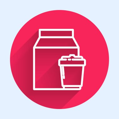 İnternetten sipariş edilen beyaz hat ve fast food dağıtım ikonu uzun gölgeli. Kırmızı daire düğmesi. Vektör İllüstrasyonu.