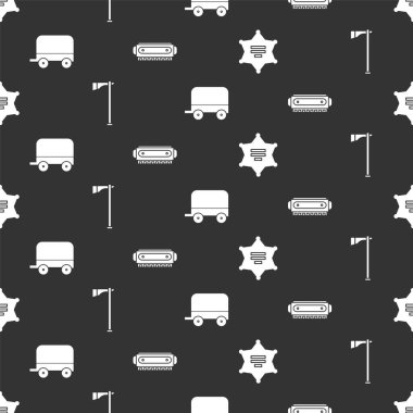 Hexagram şerifi, Tomahawk baltası, Vahşi Batı vagonu ve mızıkayı kusursuz bir şekilde ayarlayın. Vektör.