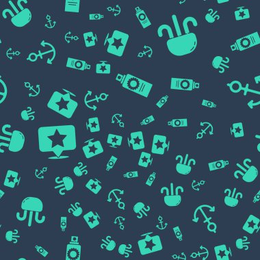 Güneş kremi sprey şişesi, denizanası, yıldız ve çapa işaretçisini kusursuz desene ayarlayın. Vektör.