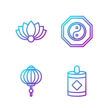 Firework hattı, Çin kağıt feneri, Lotus çiçeği ve Yin Yang. Renk simgeleri. Vektör.
