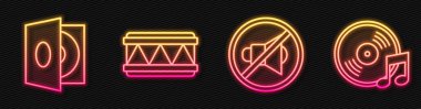 Hoparlörü sessize al, vinil diski olan vinil çalar, Drum ve Vinil diski ayarla. Parlayan neon ikonu. Vektör.