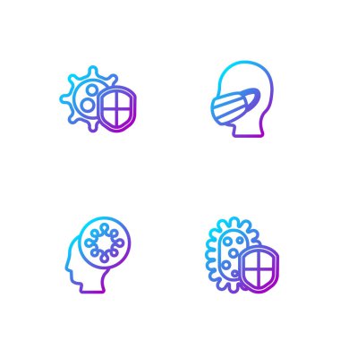 Hat kalkanını virüs, insan ve yüz koruma maskesinden koru. Renk simgeleri. Vektör.