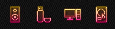 Satır bilgisayar monitörünü, Stereo hoparlörünü, USB flash diskini ve hard disk HDD 'yi ayarla. Parlayan neon ikonu. Vektör.