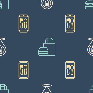 Cafe ve restoranın yerini belirle, çevrimiçi sipariş ver ve burger sipariş et. Vektör.