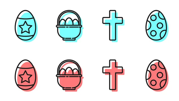 Set Line Christian Cross Easter Egg Basket Easter Eggs Easter — Stock Vector