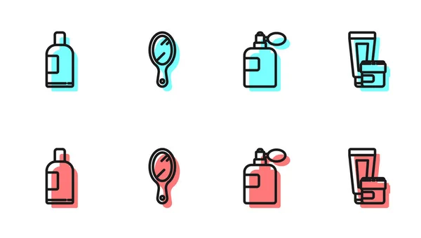 Set Line Perfume Bottle Shampoo Hand Mirror Cream Lotion Cosmetic — Stock Vector