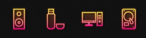 设置线计算机监视器 立体声扬声器 Usb闪存盘和硬盘驱动器 发光的霓虹灯图标 — 图库矢量图片