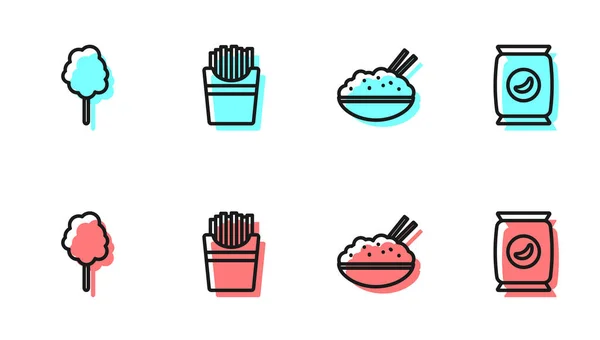 用筷子 棉花糖 土豆薯条盒和袋装或包装马铃薯片的图标 把排成一排的米饭放在碗里 — 图库矢量图片