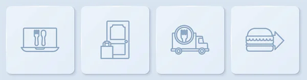 在线订货和送货 快速乘车和汉堡包 白色正方形按钮 — 图库矢量图片