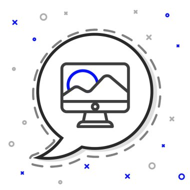 Çizgi Bilgisayar ekranı simgesi beyaz arkaplanda izole edildi. Elektronik cihaz. Ön manzara. Renkli taslak konsepti. Vektör İllüstrasyonu.