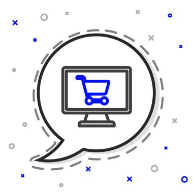 Ekran bilgisayar simgesinde çizgi alışveriş arabası beyaz arkaplanda izole edildi. Konsept e-ticaret, e-ticaret, online iş pazarlama. Renkli taslak konsepti. Vektör İllüstrasyonu.
