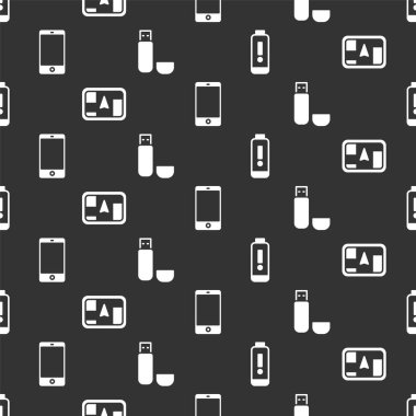 Batarya şarj seviyesi göstergesini, haritalı GPS cihazını, akıllı telefonu, cep telefonunu ve USB flash belleği pürüzsüz desene ayarlayın. Vektör.