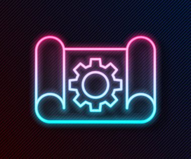 Mühendislik ve dişli simgesi için parlayan neon çizgisi çizgisi kağıdı siyah arkaplanda izole edildi. Vektör İllüstrasyonu.