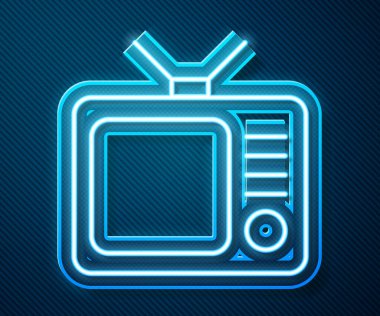 Parlayan neon hattı Retro TV simgesi mavi arkaplanda izole edildi. Televizyon tabelası. Vektör İllüstrasyonu.
