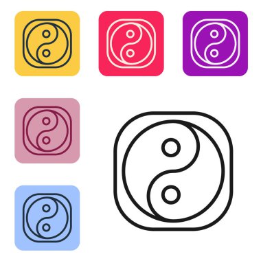 Beyaz arka planda izole edilmiş siyah çizgi Yin Yang uyum ve denge simgesi. Renkli kare düğmelerle simgeleri ayarla. Vektör İllüstrasyonu.