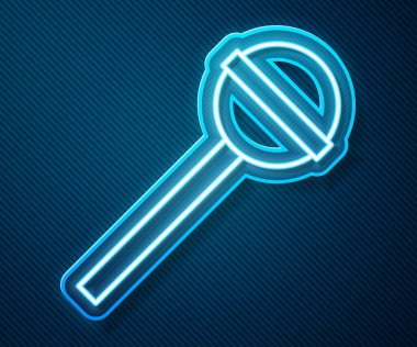 Parlayan neon hattı lolipop ikonu mavi arka planda izole edildi. Yemek, lezzetli bir sembol. Vektör İllüstrasyonu.