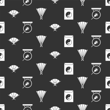 Yin Yang ve zarf, Gong, kağıt çin fanı ve kağıt çin fanı katlama vantilatörünü kusursuz bir şablona ayarla. Vektör.