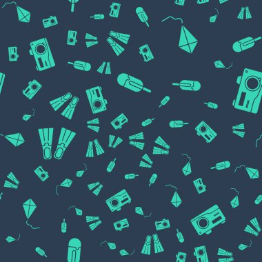 Dondurmayı, uçurtmayı, plastik yüzgeçleri ve fotoğraf makinesini kusursuz şekilde ayarla. Vektör.