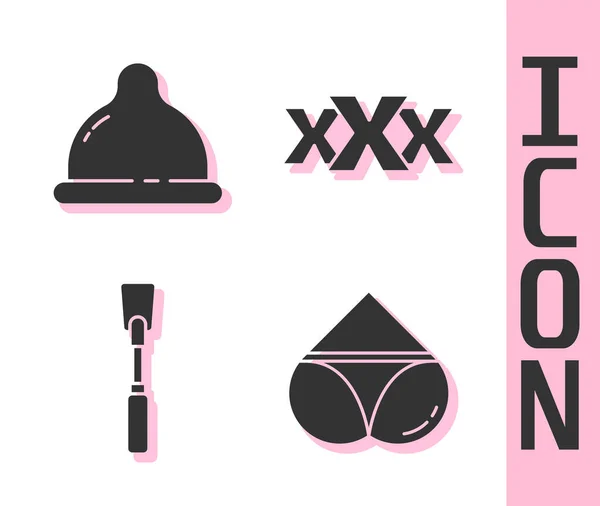 Set Mujer Bragas Condón Látigo Cuero Icono Tienda Sexo Vector — Vector de stock