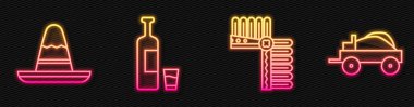 Tüylü Kızılderili başlığı, Meksika şapkası, viski şişesi, cam ve Vahşi Batı örtülü vagon. Parlayan neon ikonu. Vektör.