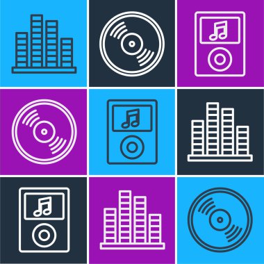 Satır Müzik Dengeleyici, Müzik Çalıcı ve Vinil Disk simgesini ayarla. Vektör.