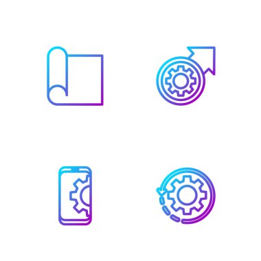 Dişlileri ve okları iş akışı olarak ayarla, akıllı telefona ayarla, mühendislik ve işleme için grafikleme kağıdı. Renk simgeleri. Vektör.