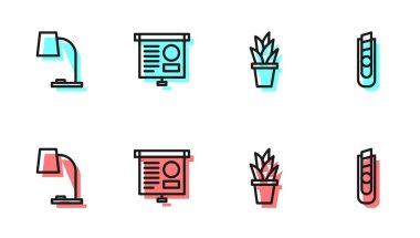 Kabın içine bitki koyun, masa lambası, diyagram ve kırtasiye bıçağı ikonuyla çarşaf tahtası. Vektör.