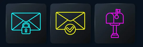 设置行邮件锁密码 邮箱和信封 并检查标记 黑色方块按钮 — 图库矢量图片