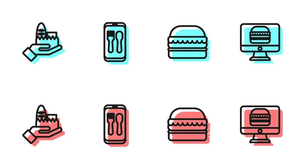Set Line Burger Online Ordering Delivery Icon Vector — Stock Vector