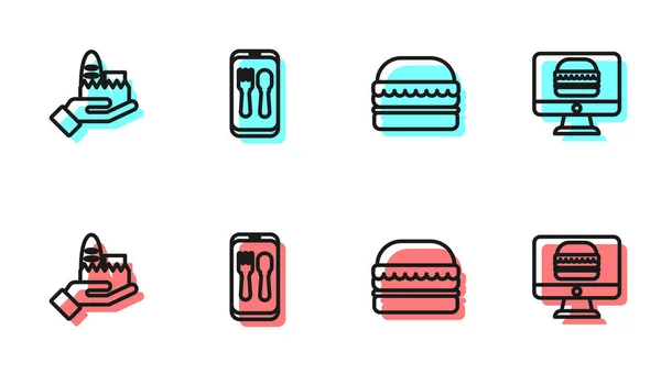 Állítsa Vonal Burger Online Rendelés Szállítás Ikon Vektor — Stock Vector