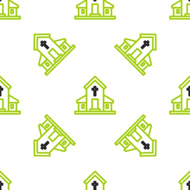 Line Church binası ikonu beyaz arka planda izole edilmiş pürüzsüz desen. Hıristiyan Kilisesi. Kilisenin dini. Vektör İllüstrasyonu.