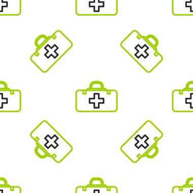 İlk yardım çantası simgesi beyaz arkaplanda izole edilmiş kusursuz desen. Haçlı sağlık kutusu. Acil durumlar için tıbbi ekipman. Sağlık sigortası konsepti. Vektör İllüstrasyonu.