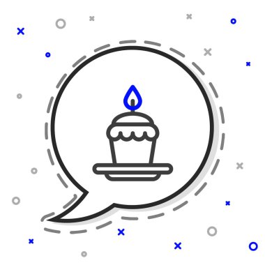 Beyaz arkaplanda yanan mum simgesine sahip Çizgi Keki. Doğum günün kutlu olsun. Renkli taslak konsepti. Vektör İllüstrasyonu.