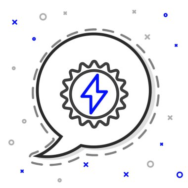 Beyaz arka planda izole edilmiş çizgi güneş enerjisi simgesi. Yıldırım sembollü güneş. Renkli taslak konsepti. Vektör İllüstrasyonu.