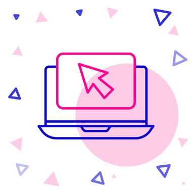 Beyaz arkaplanda dizüstü bilgisayar ve imleç simgesi izole edildi. Boş ekran işaretli bilgisayar defteri. Renkli taslak konsepti. Vektör İllüstrasyonu.