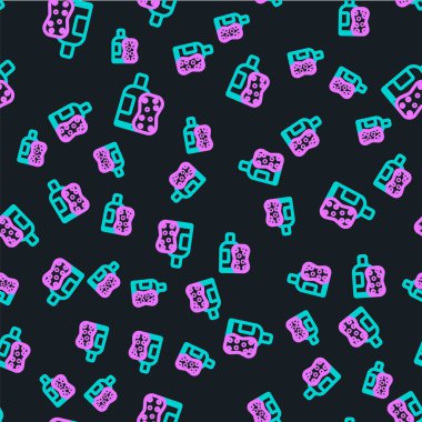 Şampuan ve sünger simgesi çizgisi siyah arka planda izole edilmiş. Vektör İllüstrasyonu.