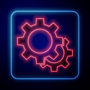 Parlayan neon dişli simgesi mavi arkaplanda izole edildi. Çarklı teçhizat ayarları. İşçi sembolü. Vektör İllüstrasyonu.