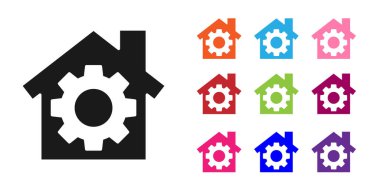 Siyah Ev ya da beyaz arka planda vites simgesi olan ev. Ayarlama, servis, ayar, bakım, onarım, onarım. Simgeleri renklendirin. Vektör İllüstrasyonu.