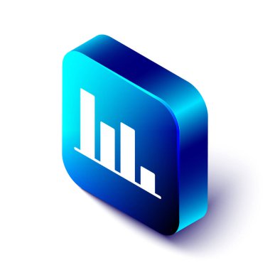 Beyaz arkaplanda izole edilmiş Isometric Pie grafik bilgi simgesi. Diyagram çizelgesi. Mavi kare düğme. Vektör İllüstrasyonu.