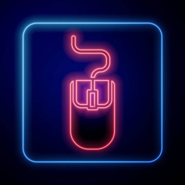Parlayan neon bilgisayar fare simgesi mavi arkaplanda izole edildi. Tekerlek sembollü optik. Vektör İllüstrasyonu.