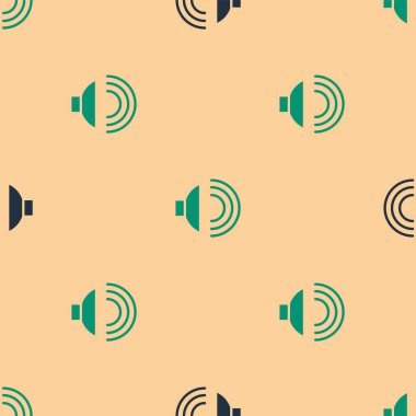 Yeşil ve siyah hoparlör sesi, ses sembolü, medya müzik ikonu bej arka planda izole edilmiş kusursuz desen. Vektör İllüstrasyonu.