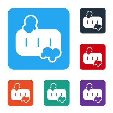 Beyaz arka planda izole edilmiş köpük simgesi olan beyaz sabun kalıbı. Köpüklü sabun çubuğu. Renkli kare düğmelerle simgeleri ayarla. Vektör İllüstrasyonu.